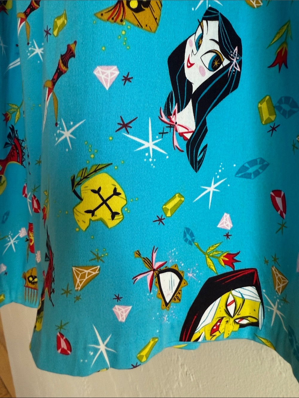 Pinup Couture Bright Turquoise Snow White Graphic Print Gathered A-Line Skirt - Picture 6 of 13